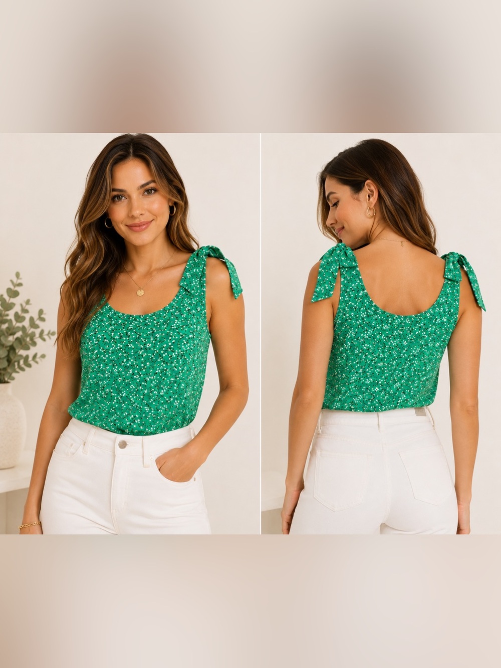 CeCe Green Floral Tie Strap Sleeveless Blouse Top Scoop Neck Flowers Size Small